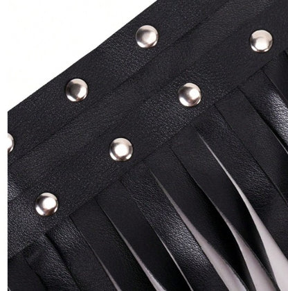 OVER YONDER BLACK FAUX LEATHER FRINGE BELT WITH STUDS AND DOUBLE BUCKLE