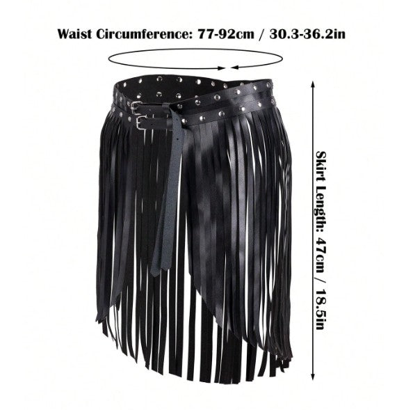 OVER YONDER BLACK FAUX LEATHER FRINGE BELT WITH STUDS AND DOUBLE BUCKLE