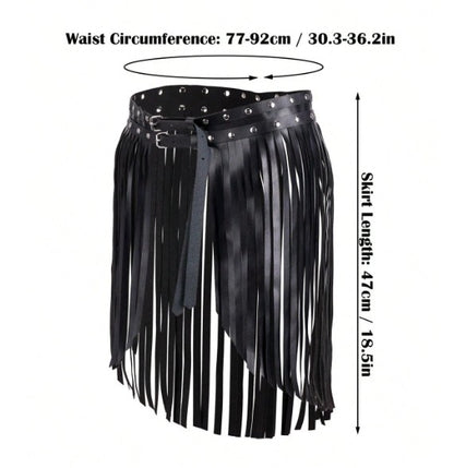 OVER YONDER BLACK FAUX LEATHER FRINGE BELT WITH STUDS AND DOUBLE BUCKLE