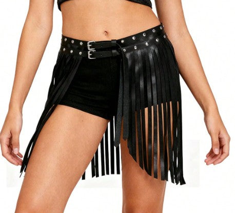 OVER YONDER BLACK FAUX LEATHER FRINGE BELT WITH STUDS AND DOUBLE BUCKLE
