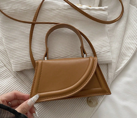 SONDRA CAMEL FAUX LEATHER MINIBAG WITH ASYMMETRICAL FOLD DESIGN SMALL HANDLE AND OPTIONAL CROSSBODY STRAP (Copy)