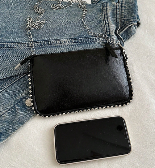 TARA BLACK FAUX LEATHER RECTANGULAR CLUTCH WITH SILVER STUDDED BORDER AND REMOVEABLE CHAIN STRAP (Copy)