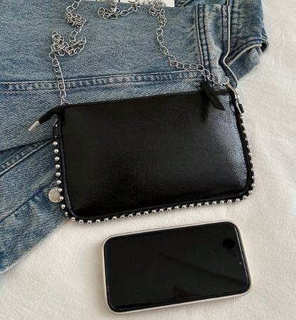 TARA BLACK FAUX LEATHER RECTANGULAR CLUTCH WITH SILVER STUDDED BORDER AND REMOVEABLE CHAIN STRAP (Copy)