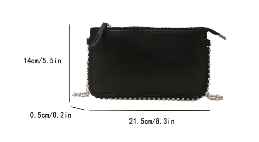 TARA BLACK FAUX LEATHER RECTANGULAR CLUTCH WITH SILVER STUDDED BORDER AND REMOVEABLE CHAIN STRAP (Copy)