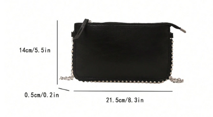 TARA BLACK FAUX LEATHER RECTANGULAR CLUTCH WITH SILVER STUDDED BORDER AND REMOVEABLE CHAIN STRAP (Copy)