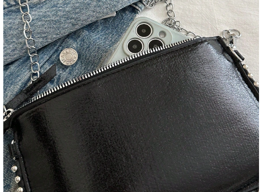 TARA BLACK FAUX LEATHER RECTANGULAR CLUTCH WITH SILVER STUDDED BORDER AND REMOVEABLE CHAIN STRAP (Copy)