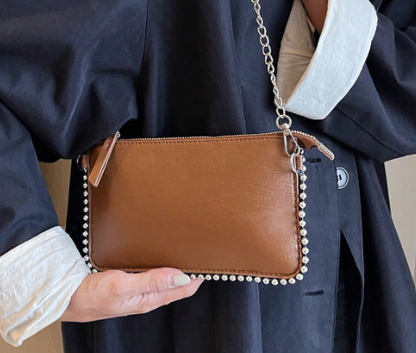 TARA BROWN FAUX LEATHER RECTANGULAR CLUTCH WITH SILVER STUDDED BORDER AND REMOVEABLE CHAIN STRAP
