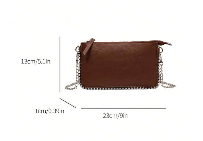 TARA BROWN FAUX LEATHER RECTANGULAR CLUTCH WITH SILVER STUDDED BORDER AND REMOVEABLE CHAIN STRAP
