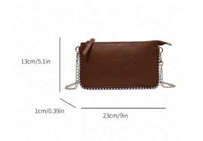 TARA BROWN FAUX LEATHER RECTANGULAR CLUTCH WITH SILVER STUDDED BORDER AND REMOVEABLE CHAIN STRAP