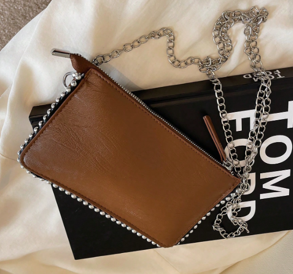 TARA BROWN FAUX LEATHER RECTANGULAR CLUTCH WITH SILVER STUDDED BORDER AND REMOVEABLE CHAIN STRAP