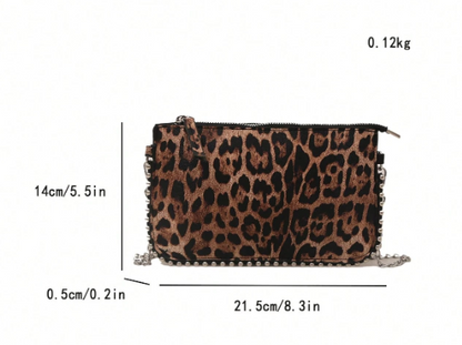 TARA LEOPARD FAUX LEATHER RECTANGULAR CLUTCH WITH SILVER STUDDED BORDER AND REMOVEABLE CHAIN STRAP