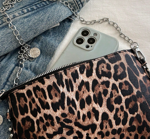 TARA LEOPARD FAUX LEATHER RECTANGULAR CLUTCH WITH SILVER STUDDED BORDER AND REMOVEABLE CHAIN STRAP