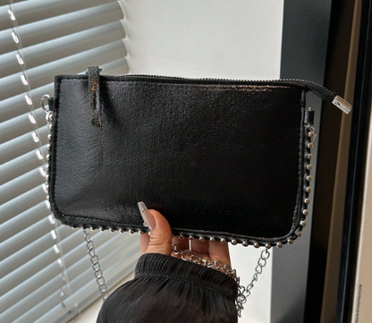 TARA BLACK FAUX LEATHER RECTANGULAR CLUTCH WITH SILVER STUDDED BORDER AND REMOVEABLE CHAIN STRAP (Copy)