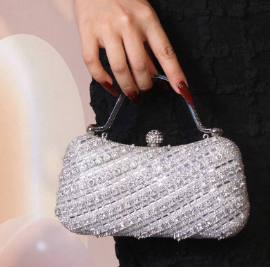 JACY SILVER RHINESTONE COVERED HARD CASE EVENING BAG WITH RHINESTONE HANDLE AND OPTIONAL SILVER CHAIN STRAP
