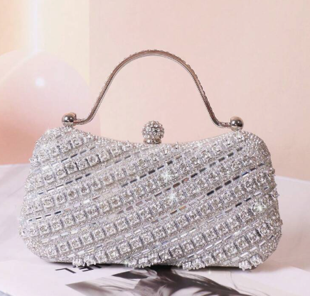 JACY SILVER RHINESTONE COVERED HARD CASE EVENING BAG WITH RHINESTONE HANDLE AND OPTIONAL SILVER CHAIN STRAP