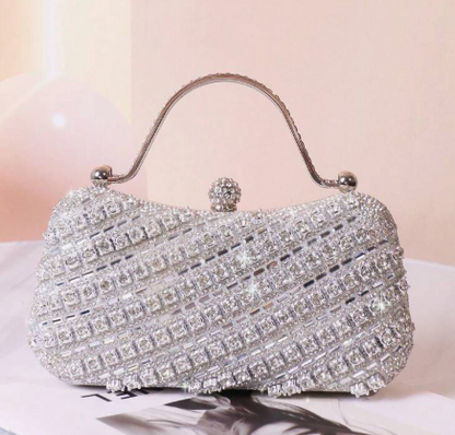JACY SILVER RHINESTONE COVERED HARD CASE EVENING BAG WITH RHINESTONE HANDLE AND OPTIONAL SILVER CHAIN STRAP