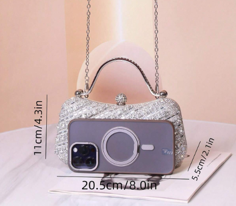 JACY SILVER RHINESTONE COVERED HARD CASE EVENING BAG WITH RHINESTONE HANDLE AND OPTIONAL SILVER CHAIN STRAP