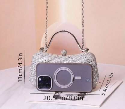 JACY SILVER RHINESTONE COVERED HARD CASE EVENING BAG WITH RHINESTONE HANDLE AND OPTIONAL SILVER CHAIN STRAP