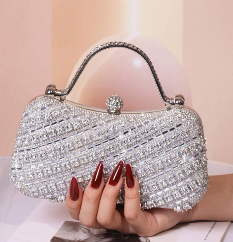 JACY SILVER RHINESTONE COVERED HARD CASE EVENING BAG WITH RHINESTONE HANDLE AND OPTIONAL SILVER CHAIN STRAP