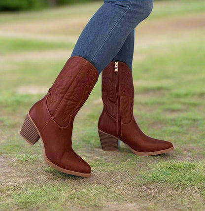 TEXAS-02

- Camel Tan Vegan Leather
- Mid-Calf Cowboy Boot
- Western Styling with Stitching Detail
- Inner Half Zipper Closure
- Pointy Toe
- Cone Block Heel, Approx. 3"