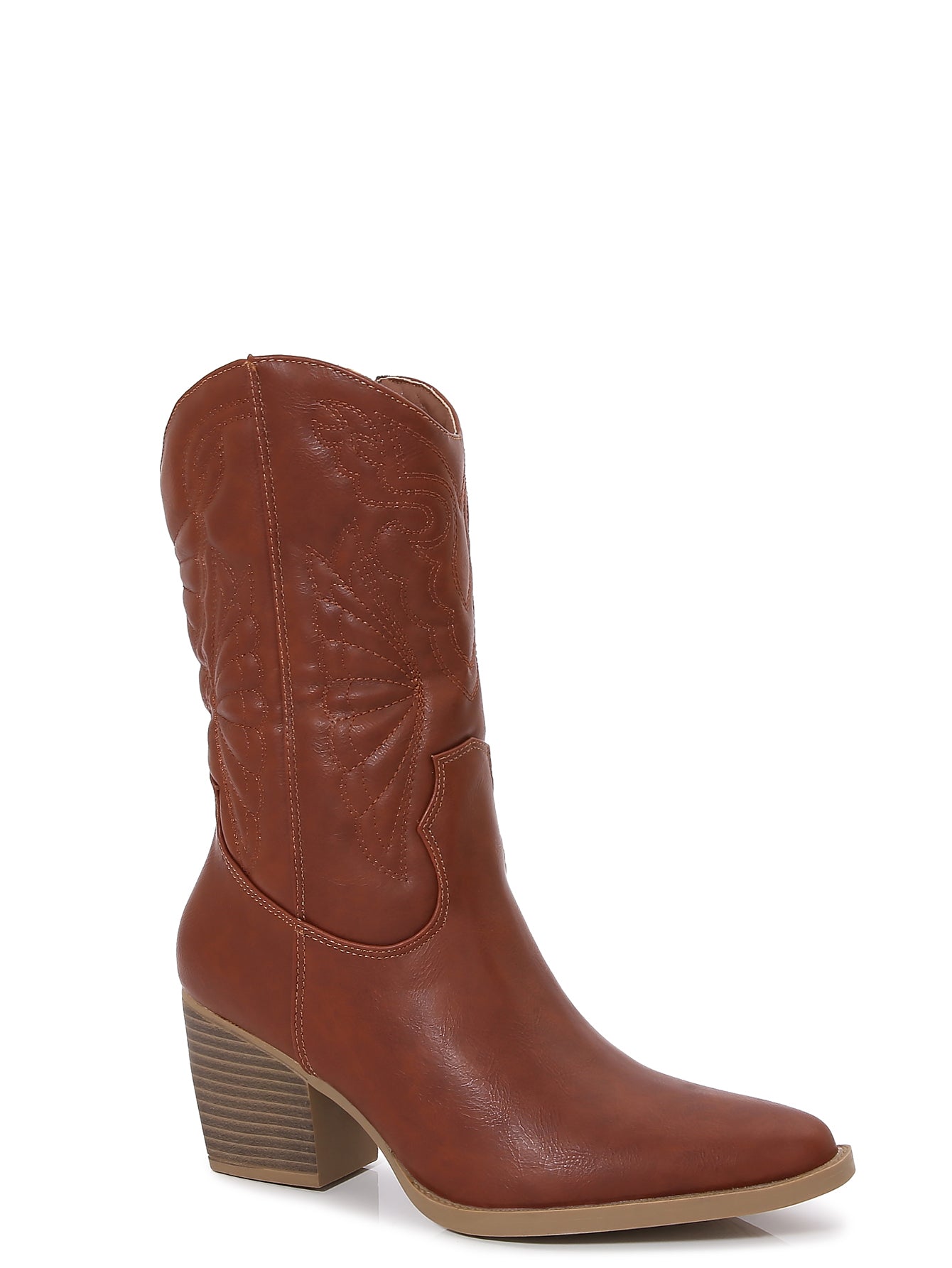 TEXAS-02

- Camel Tan Vegan Leather
- Mid-Calf Cowboy Boot
- Western Styling with Stitching Detail
- Inner Half Zipper Closure
- Pointy Toe
- Cone Block Heel, Approx. 3"