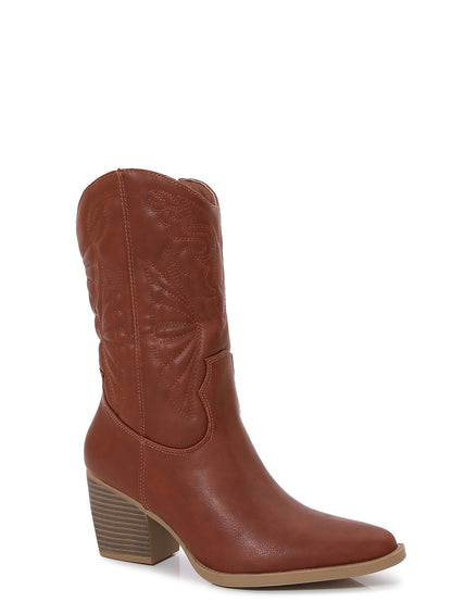 TEXAS-02

- Camel Tan Vegan Leather
- Mid-Calf Cowboy Boot
- Western Styling with Stitching Detail
- Inner Half Zipper Closure
- Pointy Toe
- Cone Block Heel, Approx. 3"