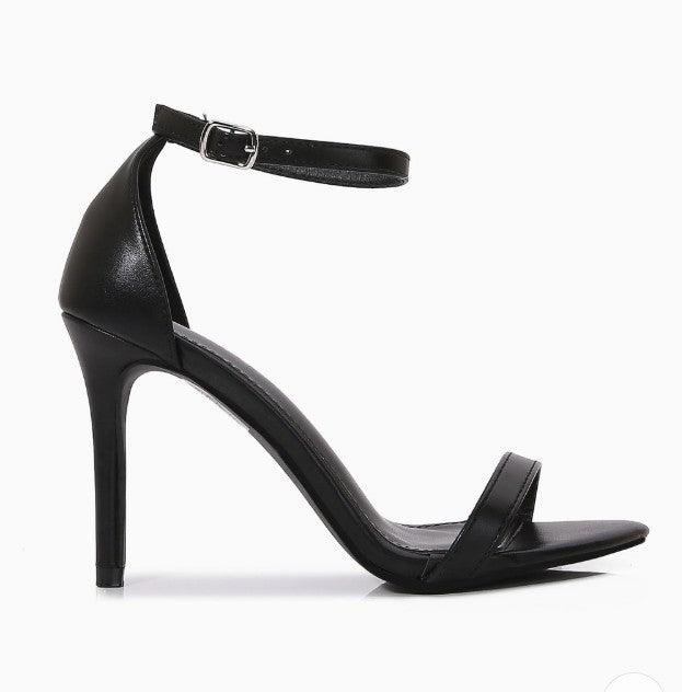 TRAVIS BLACK FAUX LEATHER OPEN TOE STILEETO HEEL WITH ANKLE STRAP