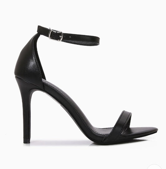 TRAVIS BLACK FAUX LEATHER OPEN TOE STILEETO HEEL WITH ANKLE STRAP