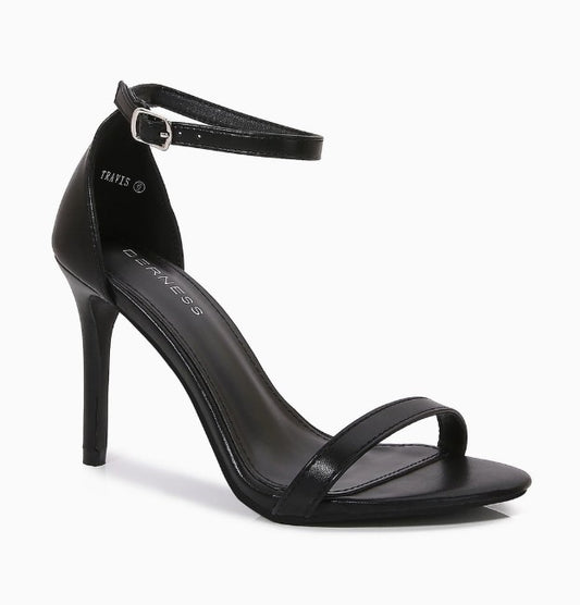 TRAVIS BLACK FAUX LEATHER OPEN TOE STILEETO HEEL WITH ANKLE STRAP