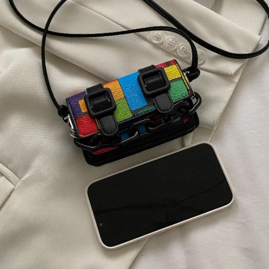 TRINA BLACK WITH MULTI COLORBLOCKING PRINT MINI BAG WITH DOUBLE BUCKLE DESIGN AND CROSS BODY STRAP