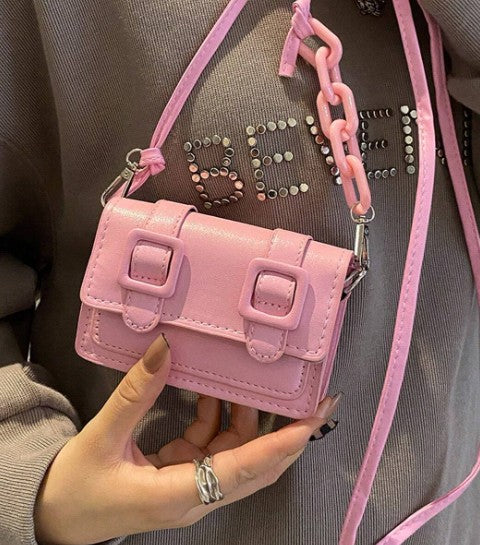 TRINA BABY PINK MINI BAG WITH DOUBLE BUCKLE DESIGN AND CROSS BODY STRAP (Copy)
