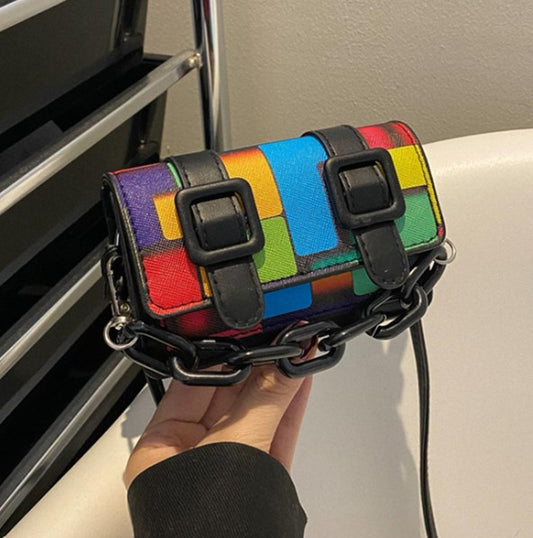 TRINA BLACK WITH MULTI COLORBLOCKING PRINT MINI BAG WITH DOUBLE BUCKLE DESIGN AND CROSS BODY STRAP
