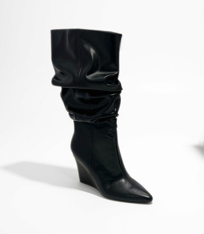 TWISTED-01 BLACK FAUX LEATHER SLOUCHY POITNY TOE OVER THE CALF WEDGE BOOT