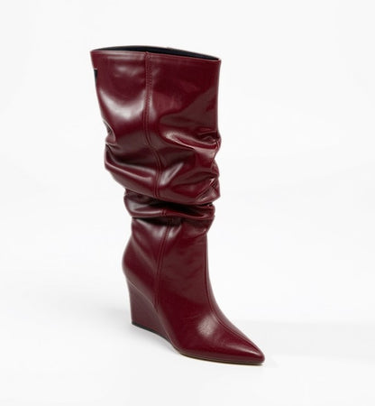 TWISTED-01 BURGUNDY FAUX LEATHER SLOUCHY POITNY TOE OVER THE CALF WEDGE BOOT