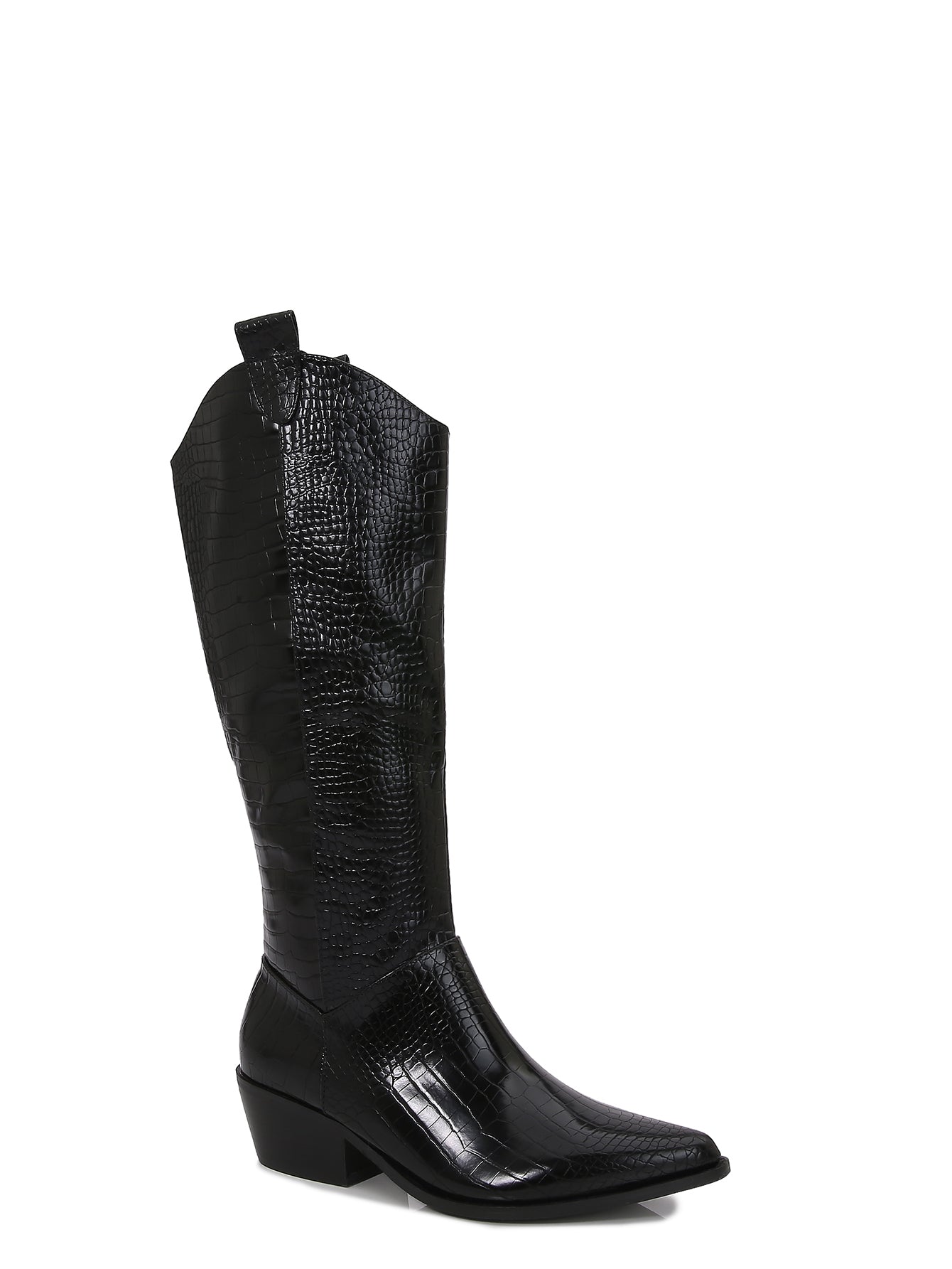 VANESSA-05 Black Croc Embossed Faux Leather Cowboy Boot - Western Styling - Pointy Toe