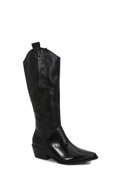 VANESSA-05 Black Croc Embossed Faux Leather Cowboy Boot - Western Styling - Pointy Toe