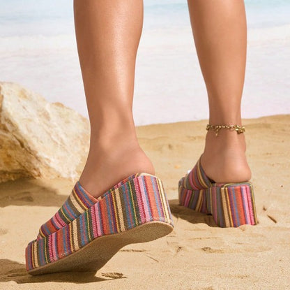 VACAY VIBES STRIPED PRINT FABRIC PLATFORM WEDGE SLIP ON MULE OPEN SQUARE TOE SANDALS