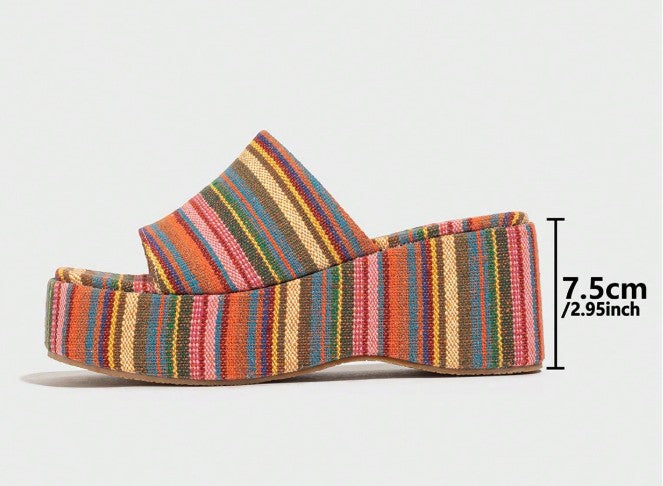 VACAY VIBES STRIPED PRINT FABRIC PLATFORM WEDGE SLIP ON MULE OPEN SQUARE TOE SANDALS