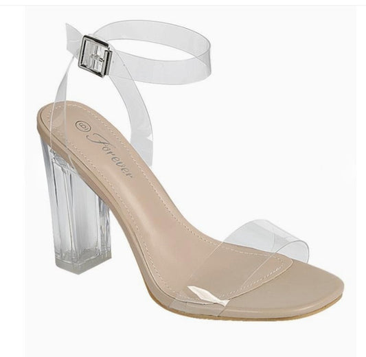 VERONICA-28 CLEAR BLOCK HEEL SANDAL WITH ANKLE STRAP