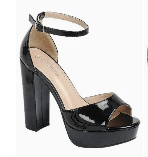 YULA-21 BLACK PATENT LEATHER PLATFORM CHUNKY BLOCK HEEL ROUND TOE HIGH HEEL SANDALS
