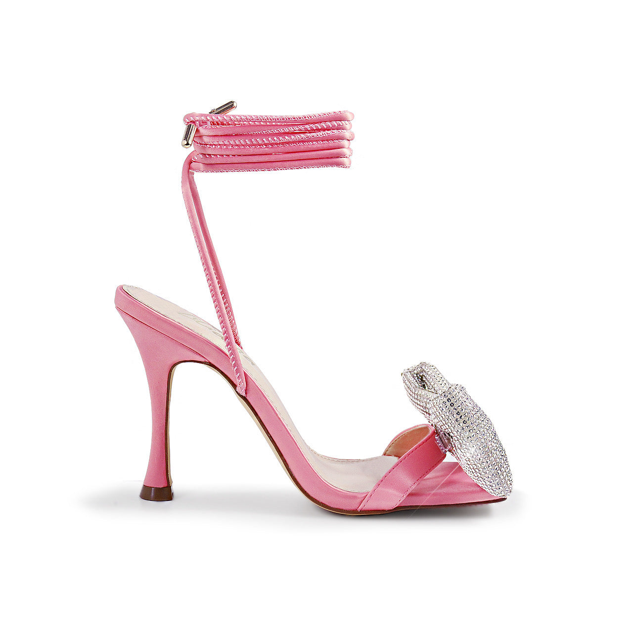 DELANA-1 pink 

- Pink Satin
- Square Open Toe
- Rhinestone Bow Vamp Detail
- Wrap Around Tie Up Ankle Straps
- Stiletto Heel, Approx. 3"
- Also Available in Black, Off-White, Silver, Green