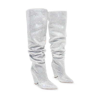 Liliana NANO-1 Silver

- Silver Rhinestone Encrusted Boots
- Over the Knee Thigh High Slouch Boots
- Pointy Toe
- Tapered Cone Heel, Approx. 4"
- Also Available in Nude, Pink, Black