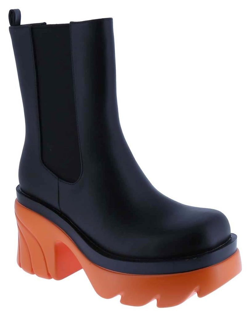 WeeBoo CITY-10 Orange

- Black Faux Leather
-&nbsp;Pull-On Chelsea Ankle Bootie
- Elastic Insets
- Chunky&nbsp;Orange Grooved&nbsp;Lug Sole &amp; Heel, Approx. 2"
- Also Available in Lilac,&nbsp;Hot Pink, Red