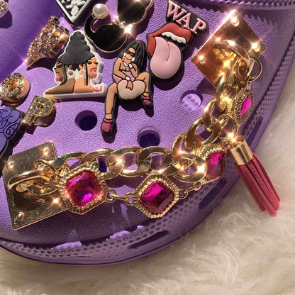 CHAIN SHOE CHARMS - GOLD HEAVY CHAIN FUCHSIA GEMS TASSEL - ShoeNami